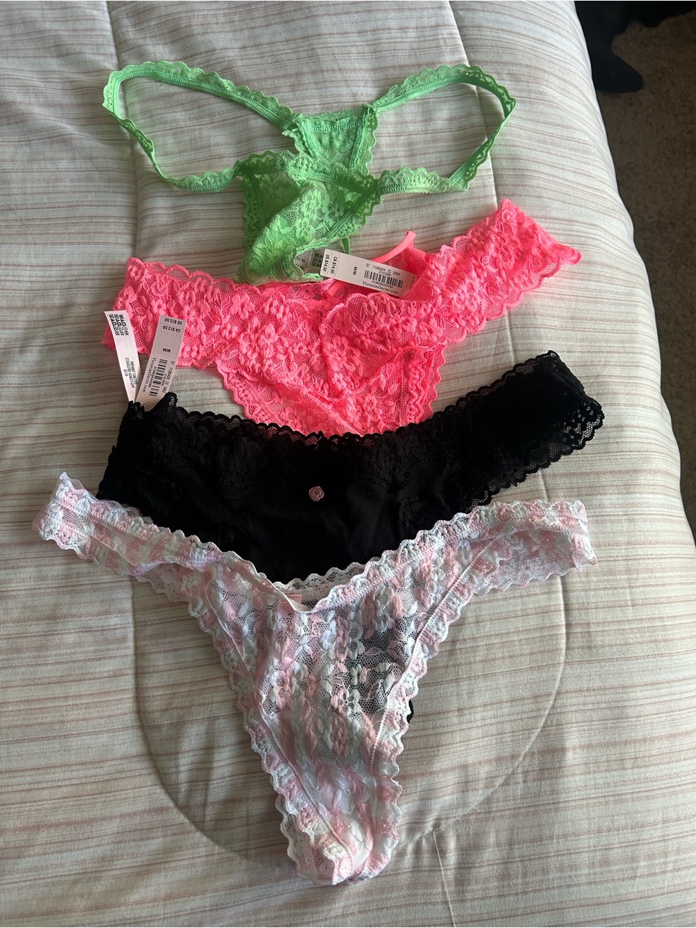 Victoria's Secret Lace Thong Set — Neon Green, Hot Pink, Black, Pastel Multi